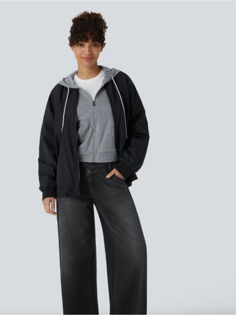 HALARA Black Hooded Bomber Jacket with Gray Lining